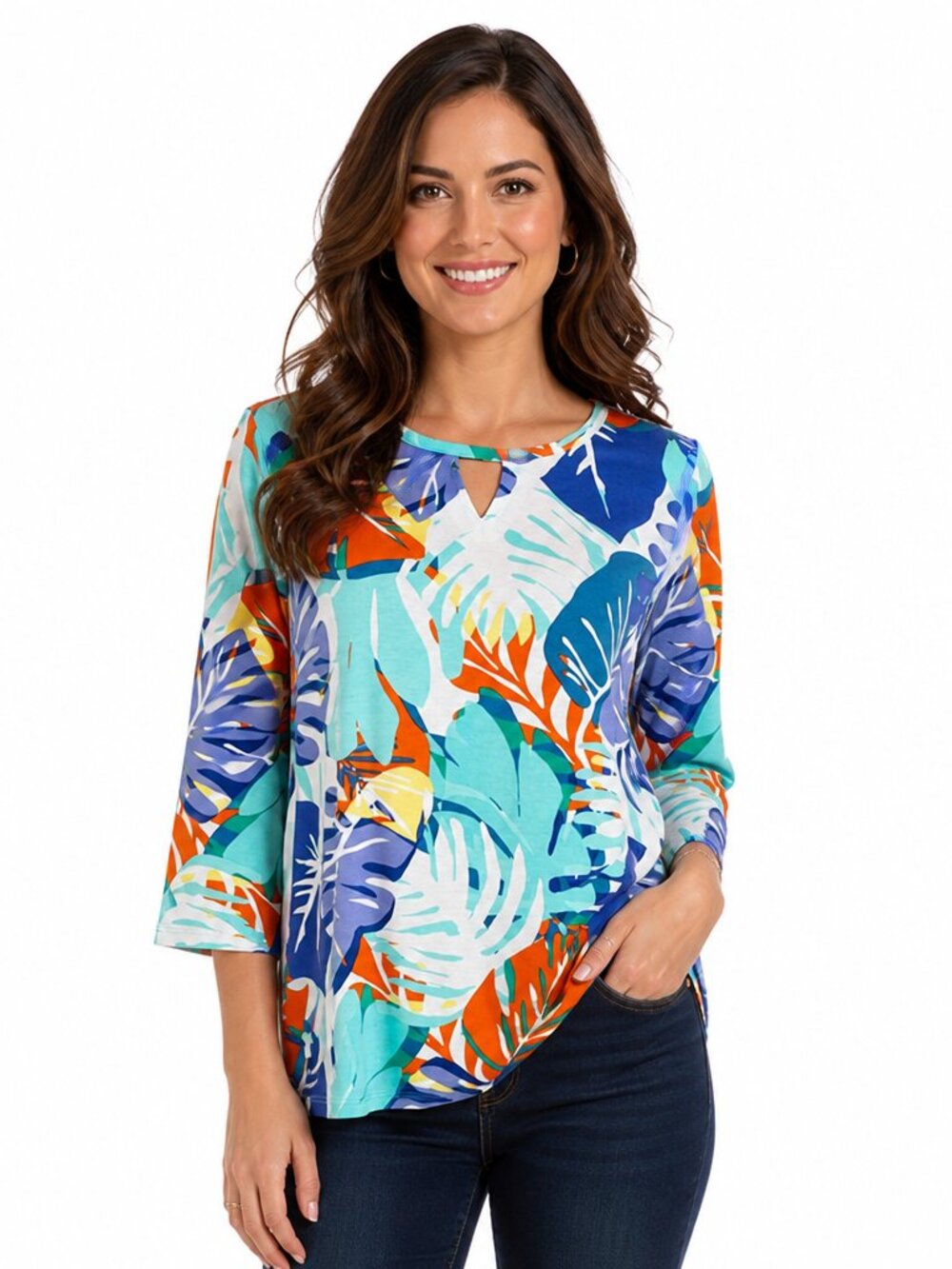 Ruby Rd. Tropical Print Tunic Top PL Petite Large | 3/4 Sleeve Multicolor Floral